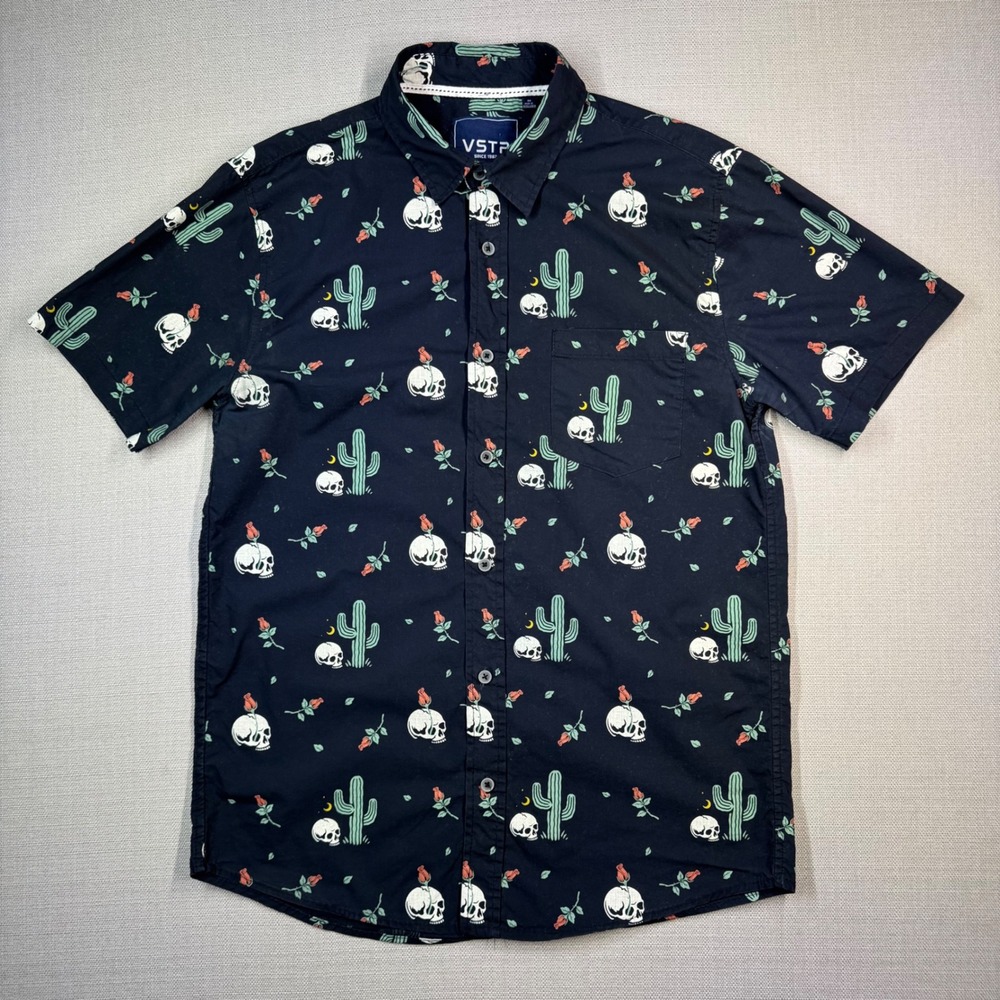 VSTR Mens S/S Button Down Shirt Black Skulls Cacti Roses Size Medium